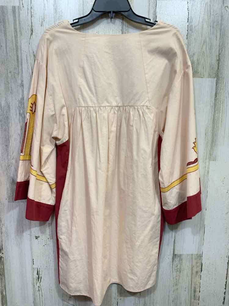 NWT JODIFL Size L Dresses CREAM/YELLOW/BURGUNDY EMBROIDERED BELL SLEEVES DRESS
