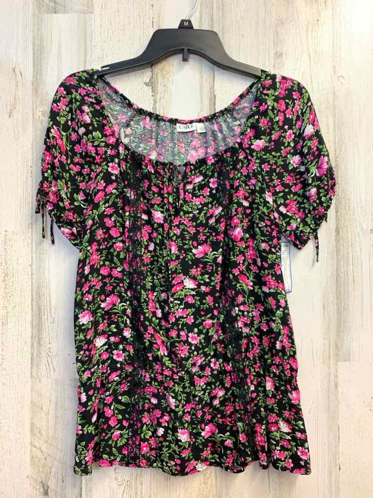 PRE-OWNED CATO Tops Size S BLK/PNK Floral SHORT SLEEVES TOP