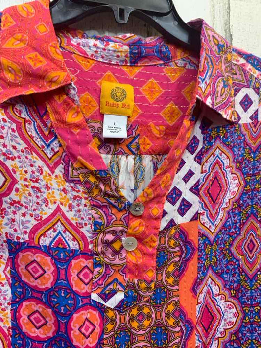 PRE-OWNED RUBY RD Tops Size L ORANGE/WHITE/HOT PINK/BLUE/PURPLE ABSTRACT Shirt/L