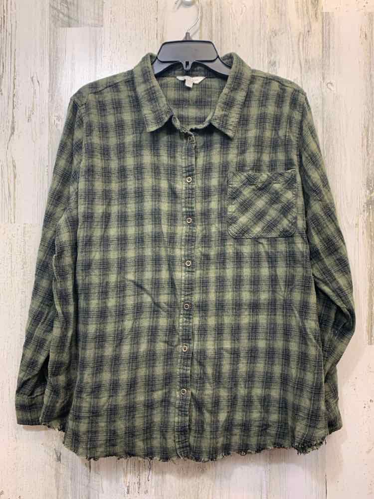 PRE-OWNED LUCKY BRAND Tops Size XL GRN/BLK Plaid LONG SLEEVES TOP