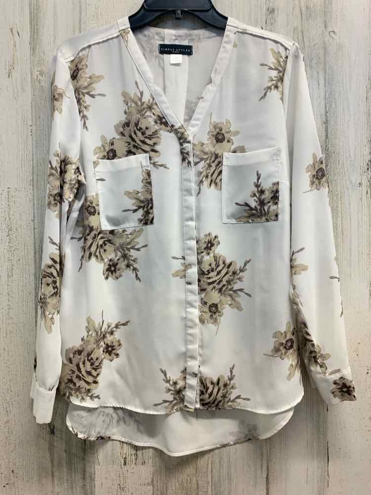PRE-OWNED SIMPLY STYLED Tops Size L WHITE/BEIGE FLOWERS LONG SLEEVES TOP/LONG SL