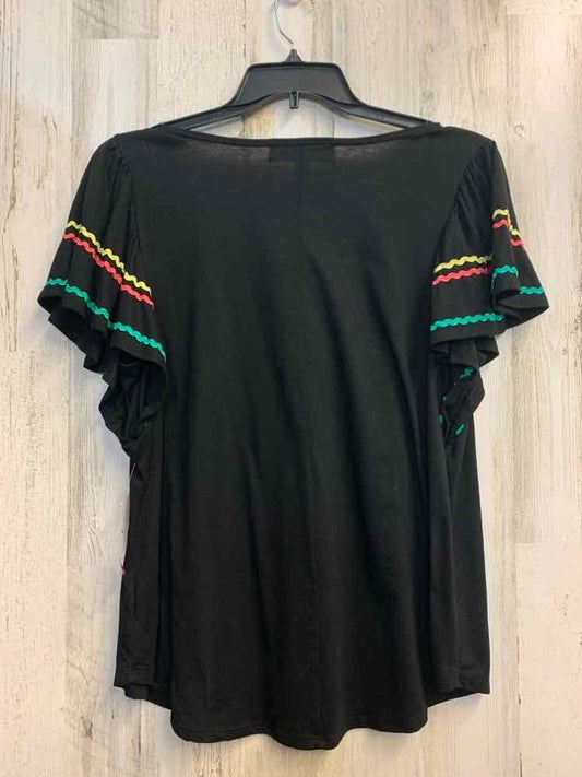 FRENCH LAUNDRY PLUS SIZES Size 1X BLK/YEL/MINT/PEACH RUFFLE SLEEVE TOP