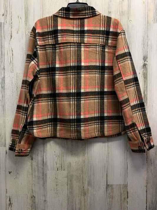 PRE-OWNED AVLN Tops Size M TAN/BLACK/PINK Plaid LONG SLEEVES TOP/LONG SLEEVE PLA