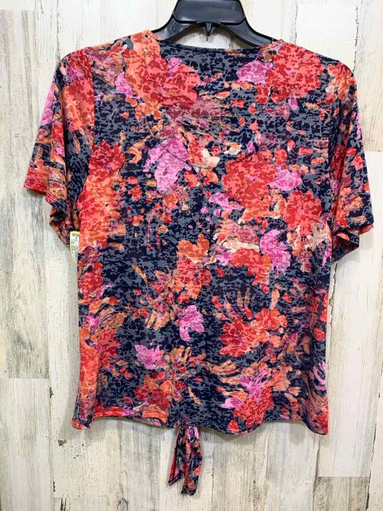 PRE-OWNED CATO Size L RED/BLK/ORG Floral TIE WAIST Shirt/SHORT SLEEVE V NECK BUT