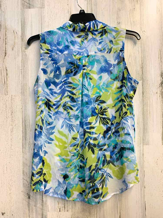 LIZ CLAIBORNE Tops Size L BLU/LIME/WHT/BLK LEAVES SLEEVELESS Shirt
