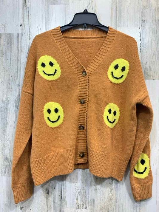 CHOU YATOU Tops Size L CAMEL/YEL/BLK SMILEY FACES CARDIGAN Cardigan