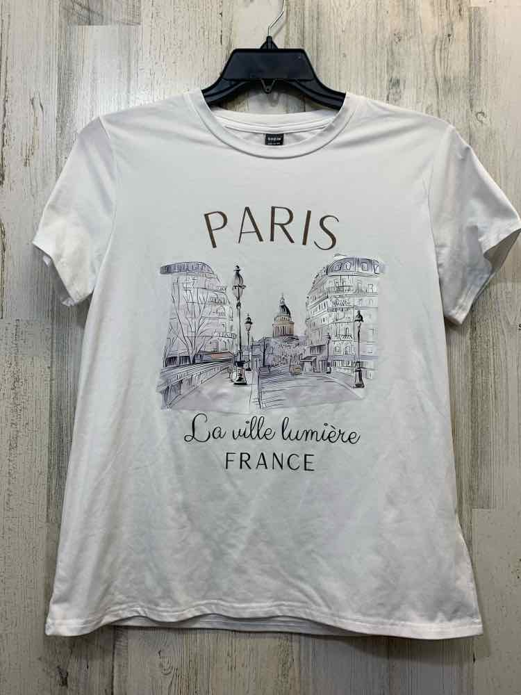 PRE-OWNED SHEIN Tops Size L White PARIS SHORT SLEEVES/WHITE TOP IN WRITI