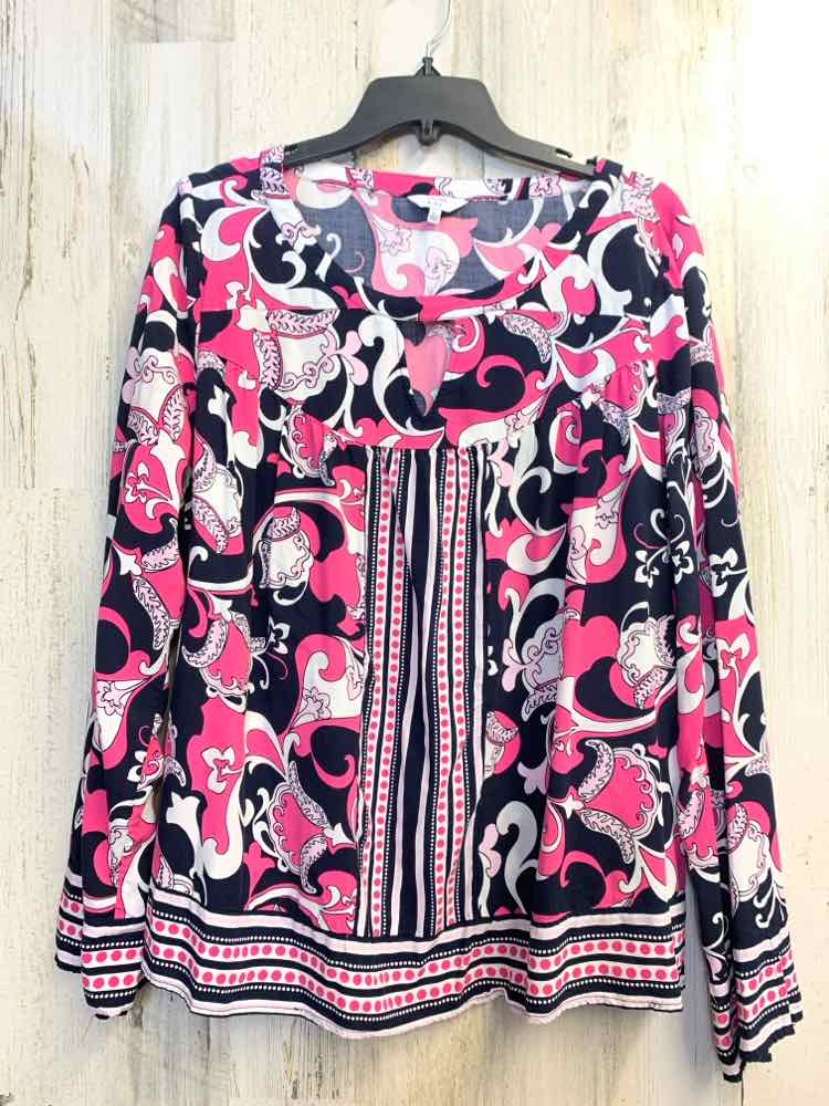 CROWN & IVY Tops Size XL HT PINK/NAVY/WHT SCROLL LONG SLEEVES TOP