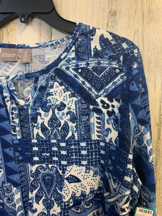 PRE-OWNED CHICOS Tops Size L BLU/WHT MULTI-PATTERN LONG SLEEVES TOP