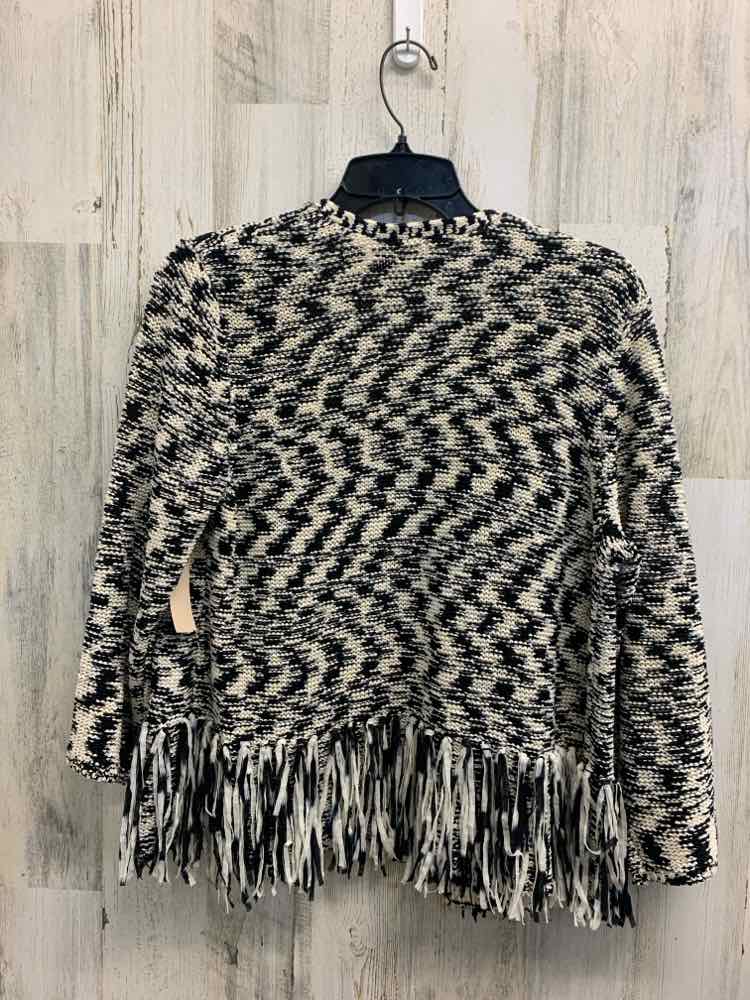 PRE-OWNED CHICO'S Tops Size 2 WHT/BLK 3/4 SLEEVE CROP W/FRINGES Cardigan