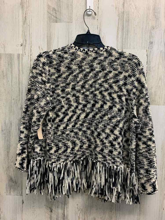PRE-OWNED CHICO'S Tops Size 2 WHT/BLK 3/4 SLEEVE CROP W/FRINGES Cardigan