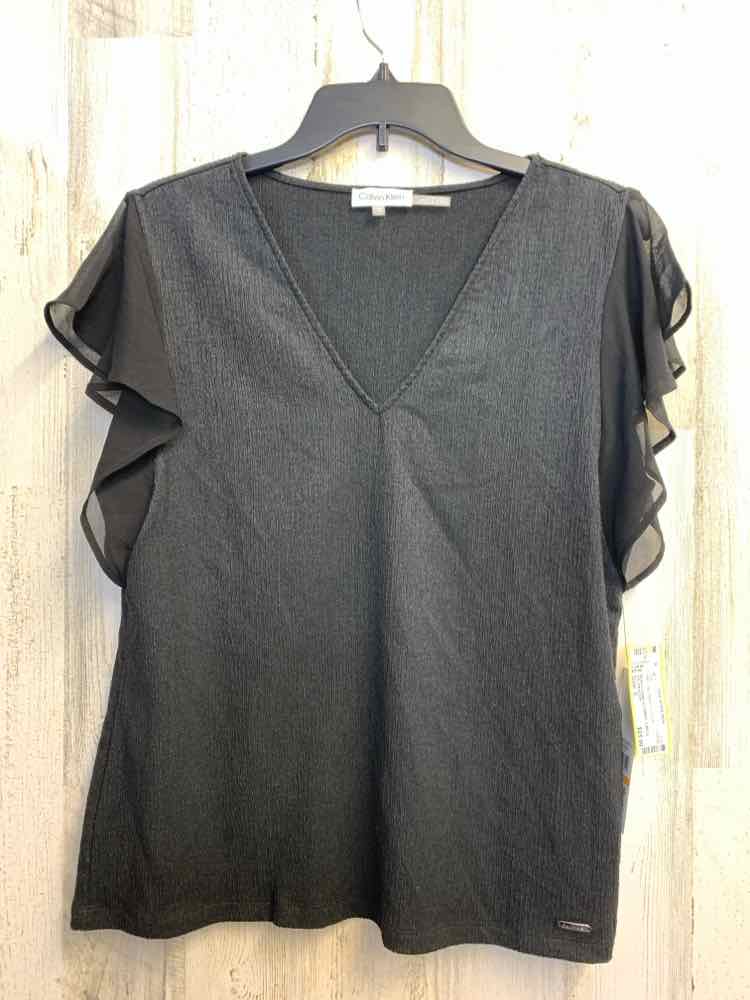 NWT CALVIN KLEIN Tops Size S Black FLUTTER TOP/BLACK CRINKLE FABRIC V-NECK SHEER