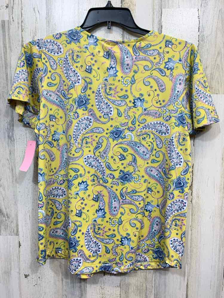 PRE-OWNED ZOE + PHOEBE Tops Size L BLU/YLW Paisley SHORT SLEEVES Blouse