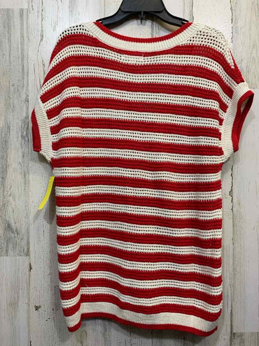 NWT BLUE PEPPER Tops Size L WHITE/RED Crochet KNIT Stripe SHORT SLEEVES Blouse