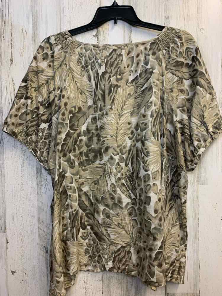 liz & me PLUS SIZES Size 2X TAN/WHT LEAVES SHORT SLEEVES TOP