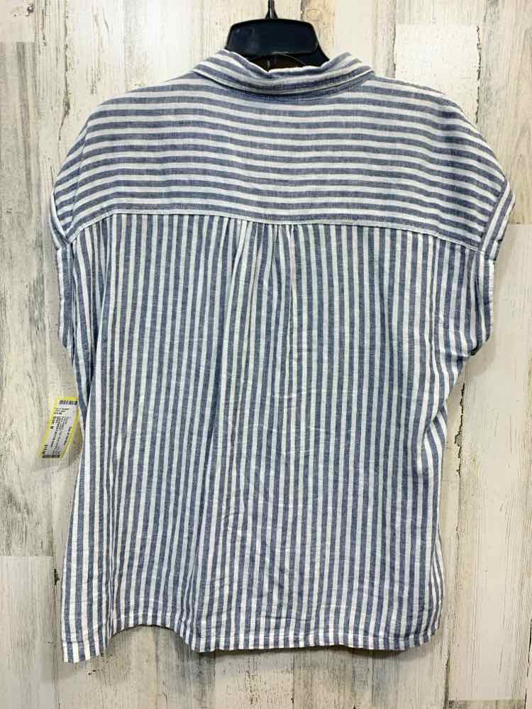 PRE-OWNED ORVIS Size M BLUE STRIPE Linen Blend SHORT Blouse/LIGHTWEIGHT BUTTON D
