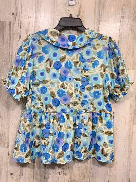 NWT GIGIO Tops Size L WHT/BLU/BRN Floral SHORT SLEEVES/PETER PAN COLLAR Blouse