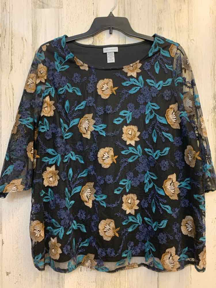 CATHERINES PLUS SIZES Size 1X BLK/TAN/NAVY/TEAL Floral 3/4 LENGTH TOP