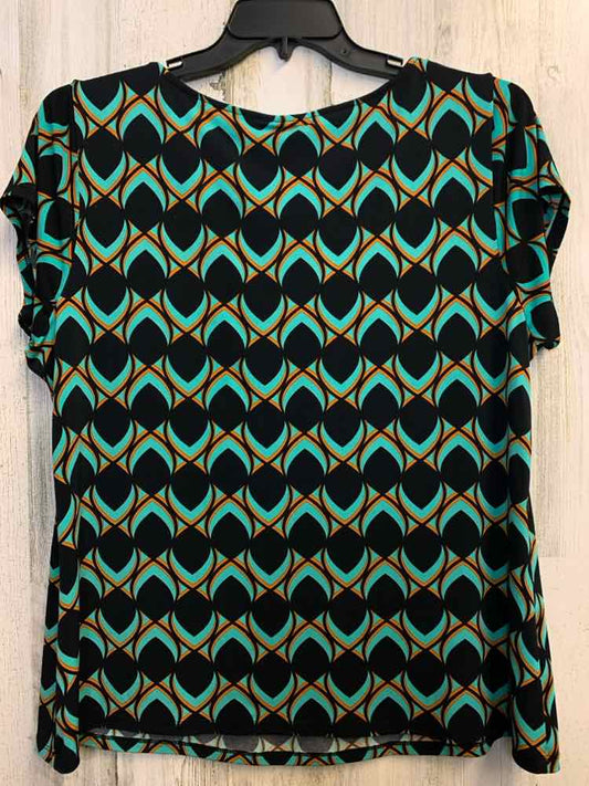 PRE-OWNED WORTHINGTON PLUS SIZES Size 3X BLK/AQUA PATTERN SHORT SLEEVES TOP