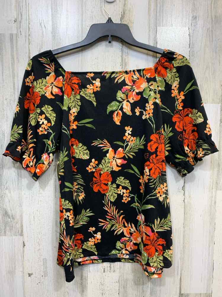 PRE-OWNED EST 1946 Tops Size L BLK/ORNG/GREEN Floral SHORT SLEEVES/SQUARE NECK