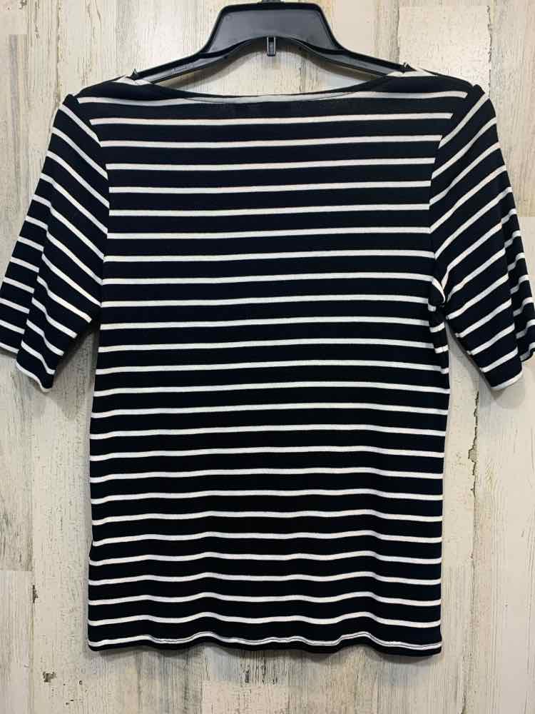 NWT RAFAELLA Tops Size M BLK/WHT Stripe 3/4 SLEEVE TOP/EMBROIDERED COLLAR