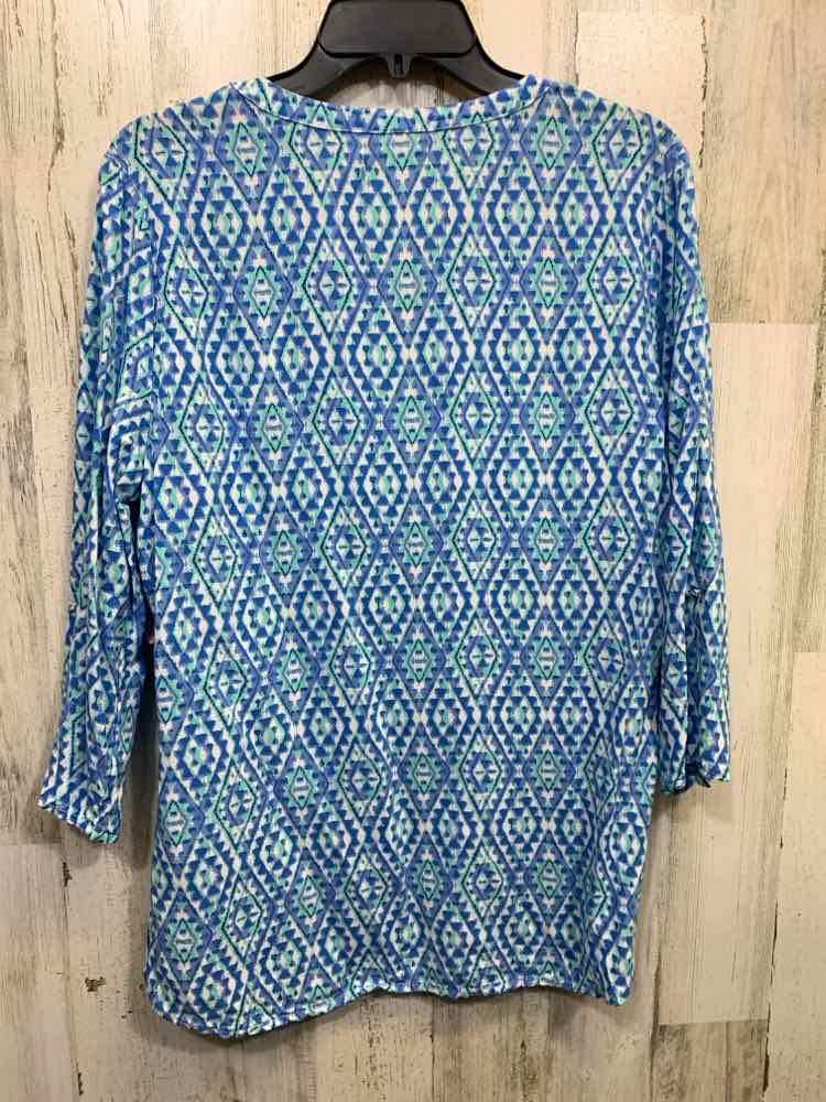 PRE-OWNED CROFT & BARROW Tops Size L WHT/GRN/BLU DIAMONDS TAB SLEEVE Blouse