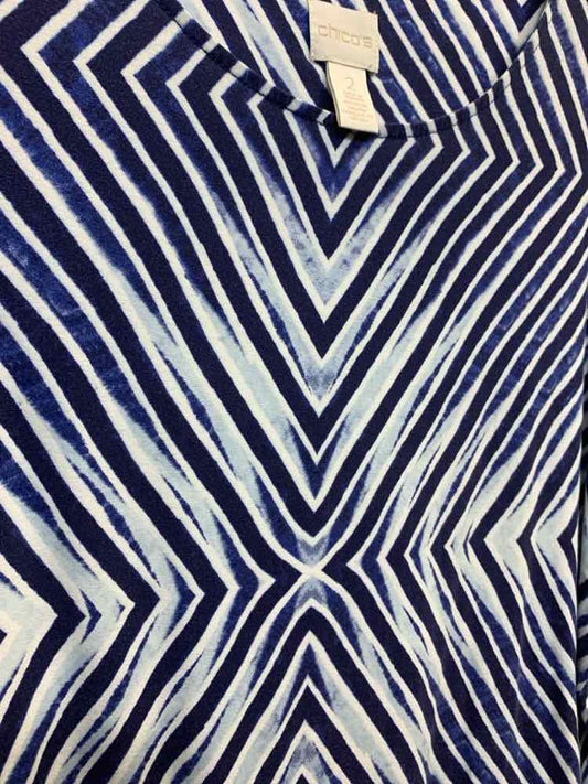 PRE-OWNED CHICO'S Tops Size 2 WHT/BLU/NVY Geometric 3/4 SLEEVE Blouse