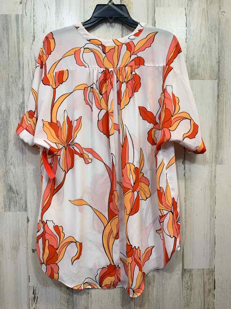 PRE-OWNED WORTHINGTON Tops Size XXL WHITE/ORANGE/AQUA Floral SHORT SLEEVES TOP/V