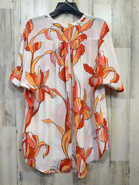 PRE-OWNED WORTHINGTON Tops Size XXL WHITE/ORANGE/AQUA Floral SHORT SLEEVES TOP/V