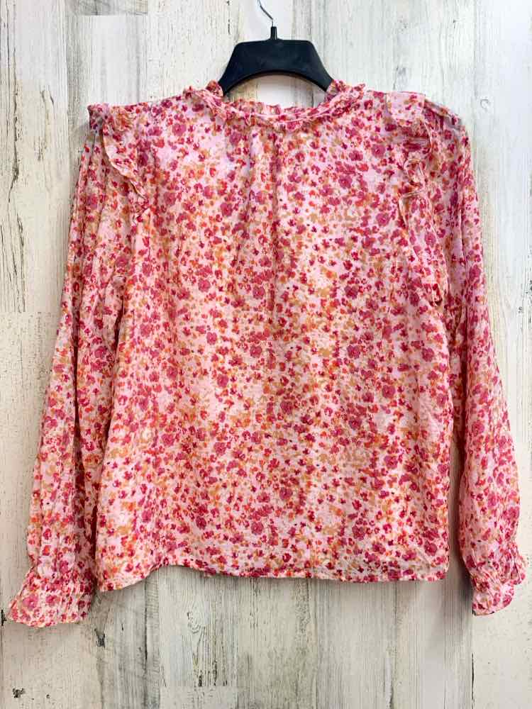 PRE-OWNED J CREW Tops Size M PINK/MGNT/ Floral LONG SLEEVES TOP/V-NECK