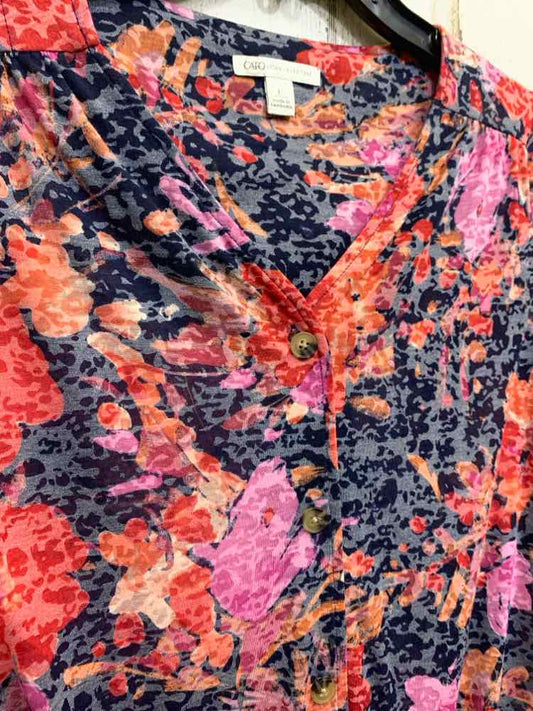 PRE-OWNED CATO Size L RED/BLK/ORG Floral TIE WAIST Shirt/SHORT SLEEVE V NECK BUT