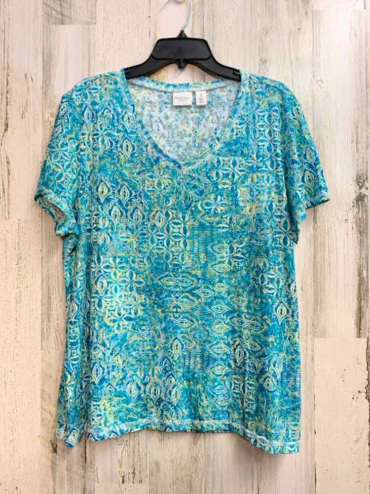 WEEKENDS BY CHICO Tops Size 3 AQUA/YEL MEDALION SHORT SLEEVES TOP