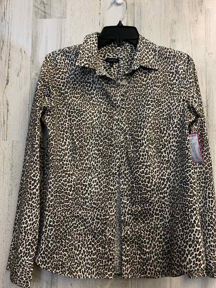PRE-OWNED TALBOTS Tops Size 12 WHT/BLK/BRN CHEETAH PRINT LONG SLEEVES TOP/BUTTON