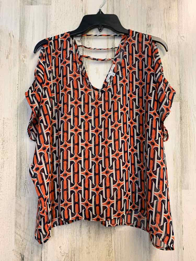COLLECTIVE CONCEPT Tops Size S ORG/NVY/WHT SHEER Geometric DROP SHOULDER TOP
