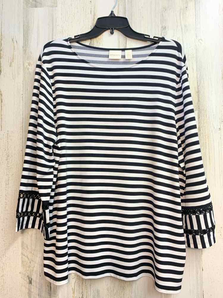 CHICOS Tops Size 2 BLK/WHT Stripe 3/4 LENGTH TOP
