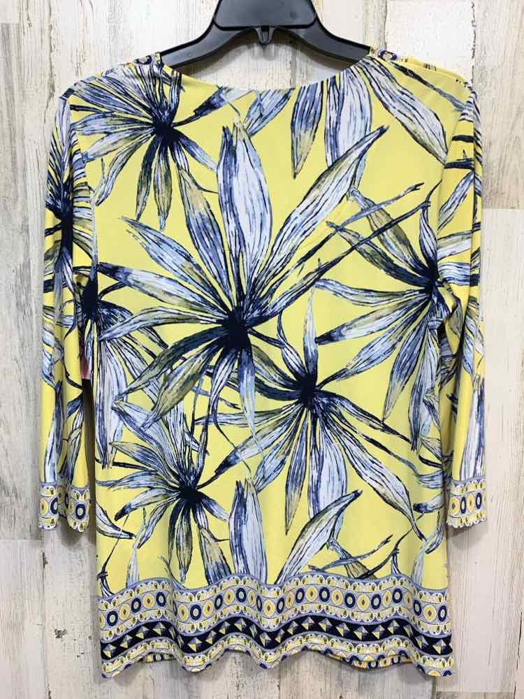PRE-OWNED JM COLLECTION Tops Size L YELLOW/NAVY TROPICAL 3/4 SLEEVE Cardigan/YEL