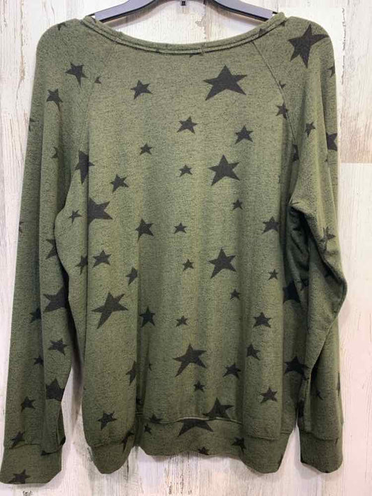 PRE-OWNED BUFFLO Tops Size L OLIVE/BLK STARS LONG SLEEVE Sweater/OLIVE/BLACK W/