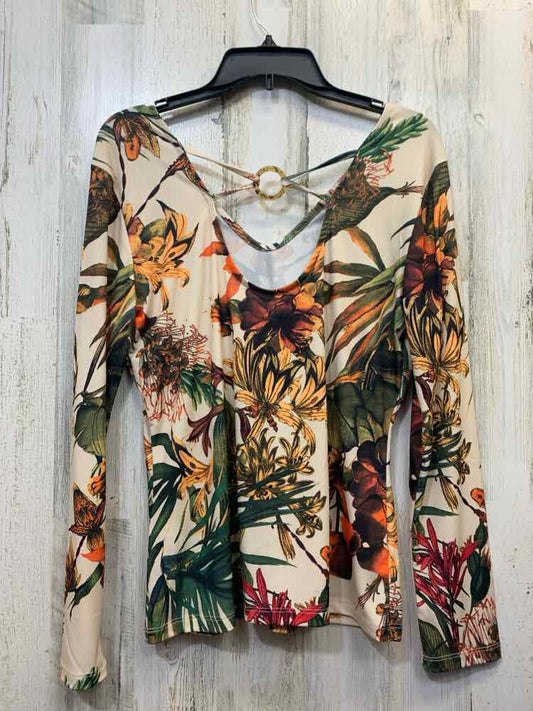 PRE-OWNED LASCANA Tops Size M CREAM/GREEN/ORANGE TROPICAL LONG SLEEVES TOP/LONG