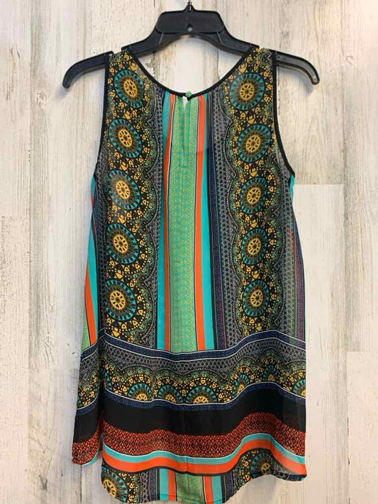 MADISON Tops Size M BLU/BLK/ORG/AQUA SHEER STRIPE/MEDALION SLEEVELESS TOP