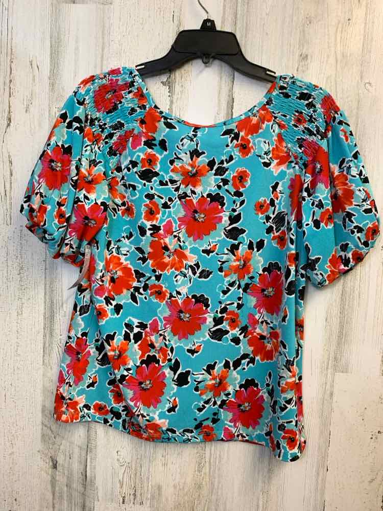 ADRIENNE VITTADINI Tops Size M AQUA/RED/BLK Floral PUFF SLEEVES TOP