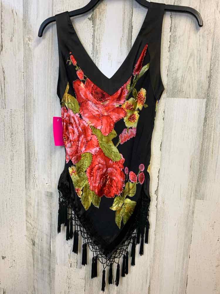 CACHE Tops Size M BLK/RED/GRN ROSES SLEEVELESS TOP