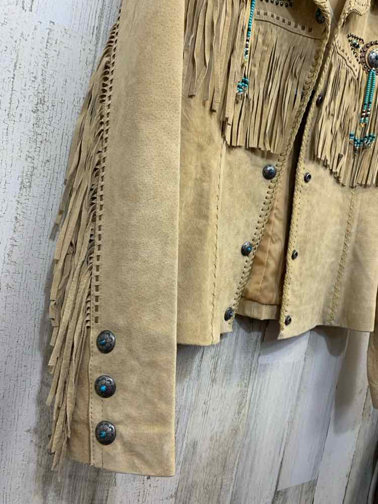 NWT SCULLY JACKETS / COATS Size L Beige LEATHER Jacket FRINGE & BEADED BOAR SUED
