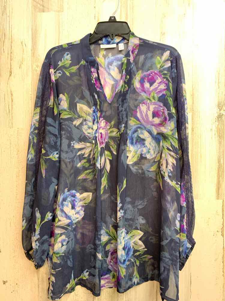 SUSAN GRAVER Tops Size L NAVY/BLU/PUR SHEER ROSES LONG SLEEVES TOP