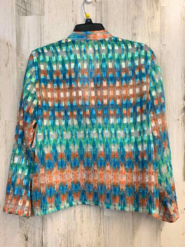 PRE-OWNED RUBY RD Tops Size 10P BLU/GRN/ORNG RECTANGLES/STREAKS LONG SLEEVES TOP