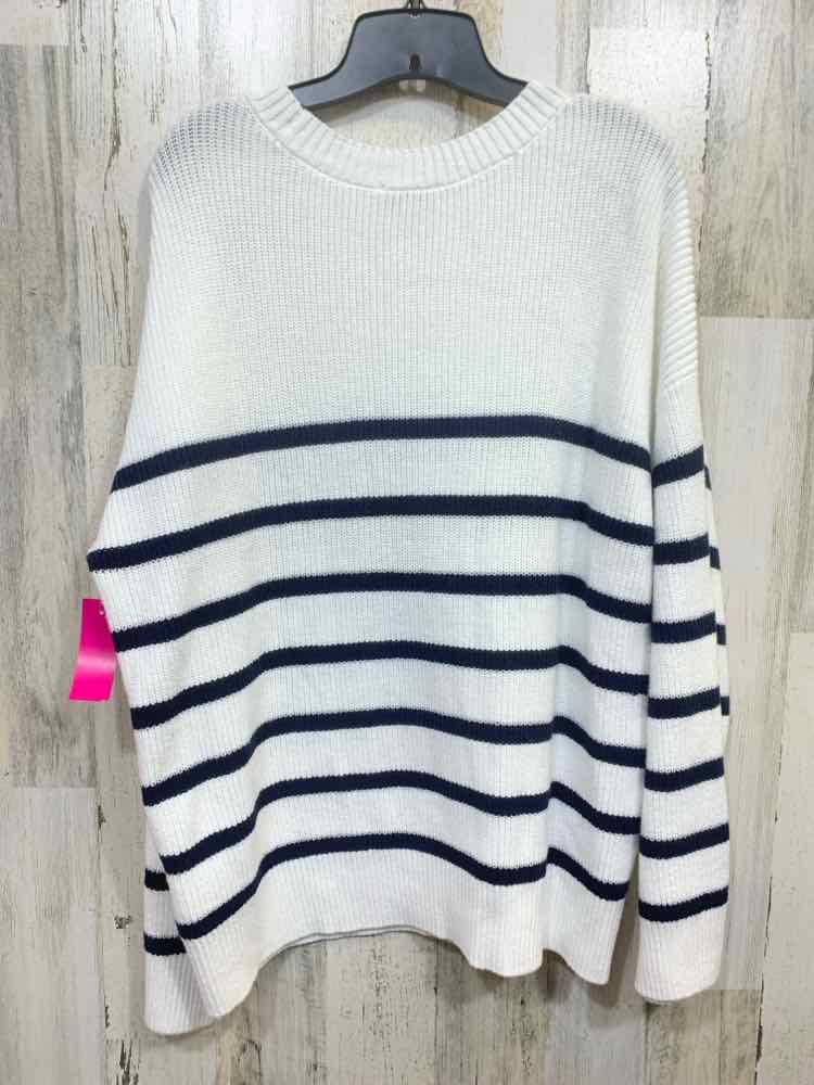 NWT ON 34TH Size XL WHT/NVY STRIPED RIB KNIT LONG SLEEVE/GOLD BUTTONS SWEATER