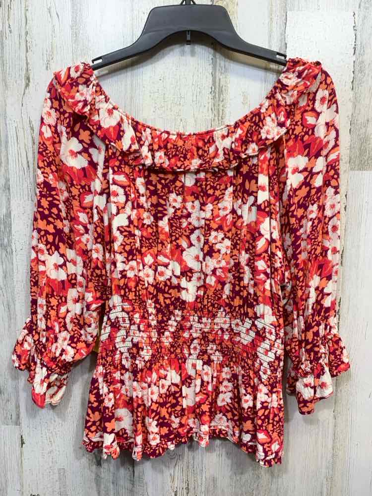 PRE-OWNED FREE PEOPLE Tops Size L FUSH/PURPLE/ORANGE/WHITE Floral Blouse/FLORAL