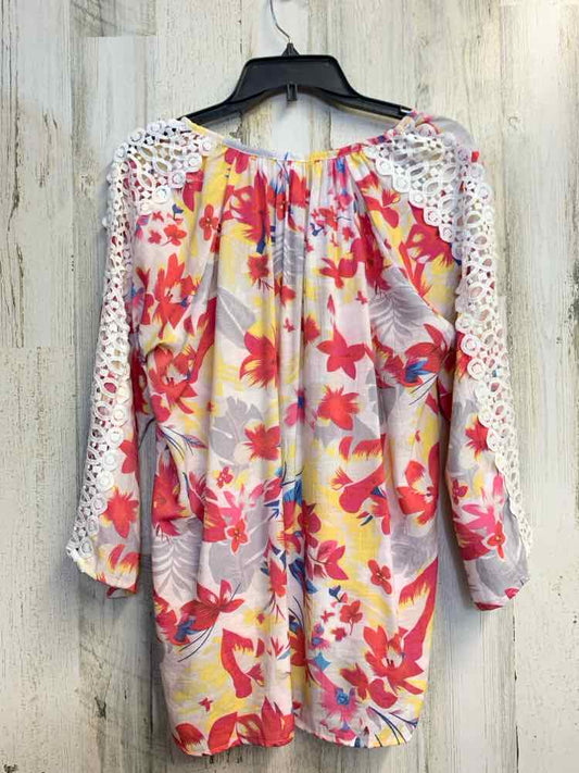 NY COLLECTION Tops Size L HT PINK/WHT/YEL TROPICAL FLORAL 3/4 LENGTH TOP
