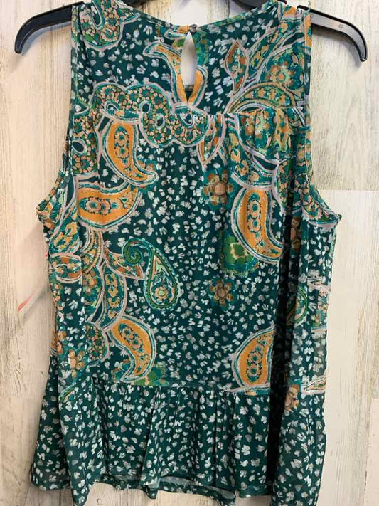 PRE-OWNED LOS SEREIN Tops Size M GRN/YEL/WHT PAISLEY/FLORAL SLEEVELESS TOP
