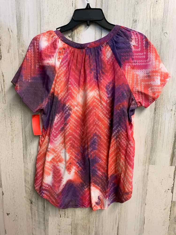 PRE-OWNED KIM ROGERS Tops Size M PRPL/RED/PNK TIE DIE SHORT SLEEVES TOP