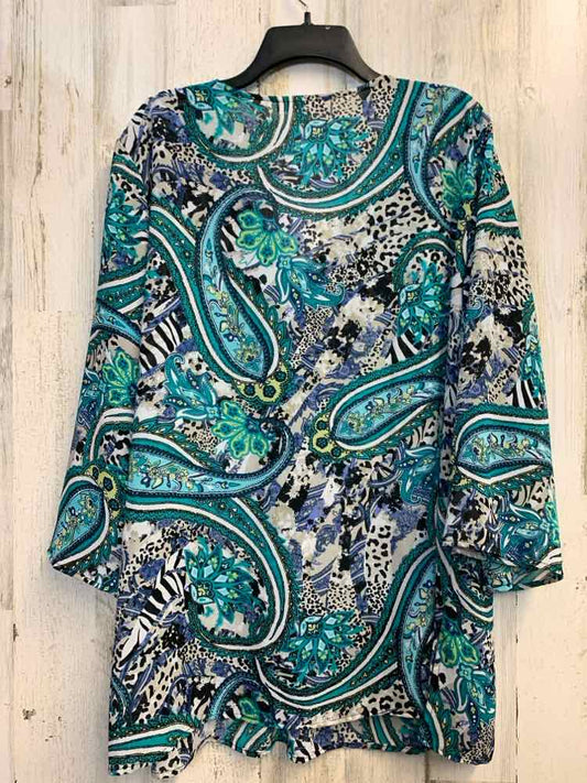 JM COLLECTION PLUS SIZES Size 3X TURQ/WHT/GRN SHEER Paisley 3/4 LENGTH TOP